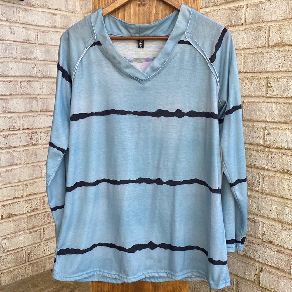 Cotton long sleeved tee shirt Sky blue with deep navy blue wave stripes